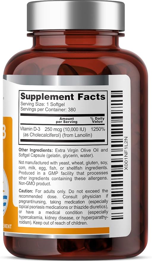 Vitamine D-3 10000 UI 380 Gélules Molles - Haute Puissance dans l'Huile d'Olive Extra Vierge Sans OGM Sans Soja Soutient des Os Solides la Santé Immunitaire