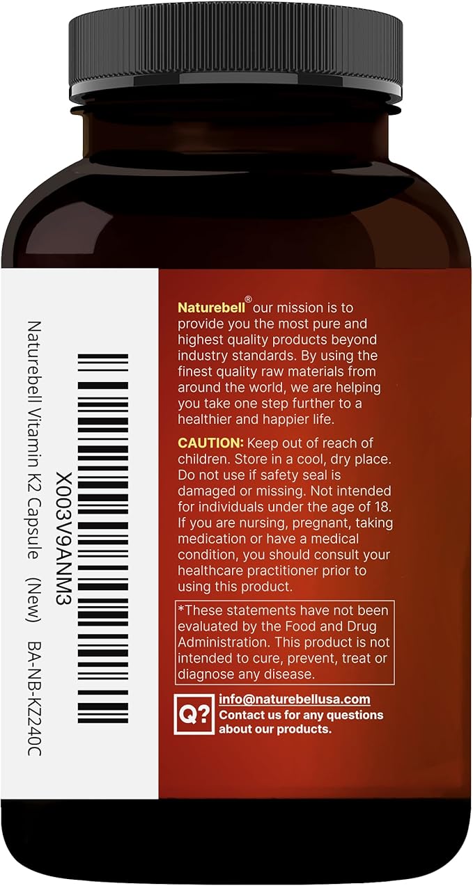 NatureBell Full Spectrum Vitamin K2 Supplement with MK-7 & MK-4, 200 mcg, 240 Capsules | 2 in 1 Formula, K Vitamins Complex – Supports Bone, Joint, and Heart Health – Non-GMO