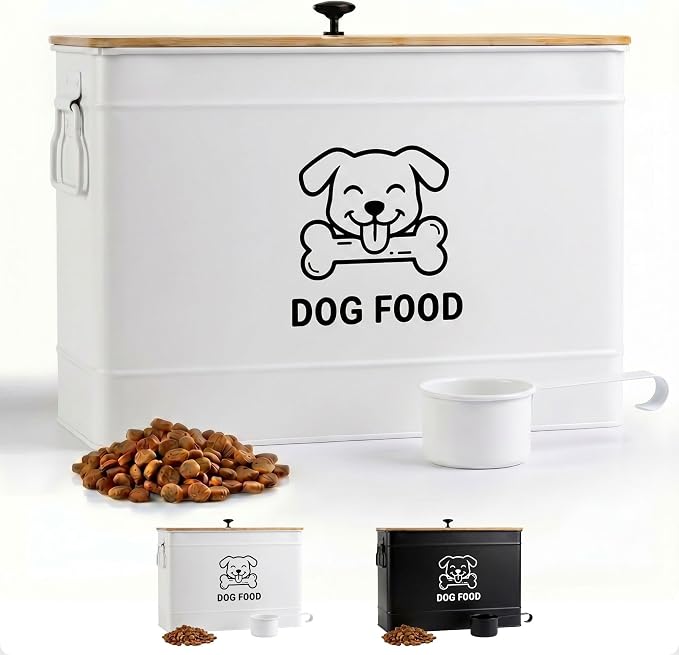 Dog Food Container Airtight 15 lb (50 Cup) Capacity with Metal Scoop - Cute Airtight Dog Food Storage Container with Bamboo Lid - White Metal Kibble Storage Bin for Dogs up to 100 lbs - Big Pet Jar
