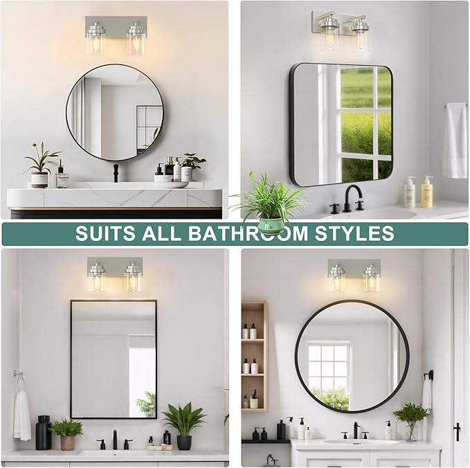 IZORRO Bathroom Vanity Light Fixture, 2-Light 15 Inch Brushed Nickel Bathroom Light Fixtures Over Mirror, with Clear Glass Shade, Modern Farmhouse Vanity Lights, Rustic Restroom Lighting Fixtures
