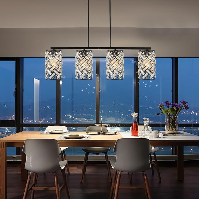 CATINER 40" Crystal Kitchen Island Lighting 4 Lights Modern Black Linear Chandelier Dining Room Light Fixture Over Table Luxury Ceiling Pendant Light Fixture