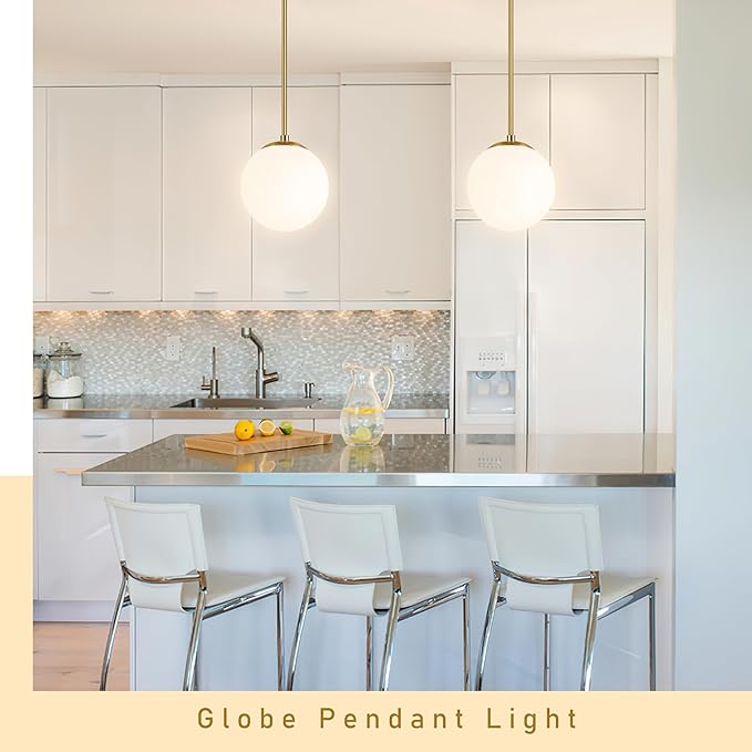 Bagood 8" Globe Pendant Light Gold 2 Pack Mid Century Pendant Light Globe Pendant Lights Kitchen Island Brushed Brass Finished with Milk Glass Adjustable Ceiling Light Fixtures for Dining Room Bar