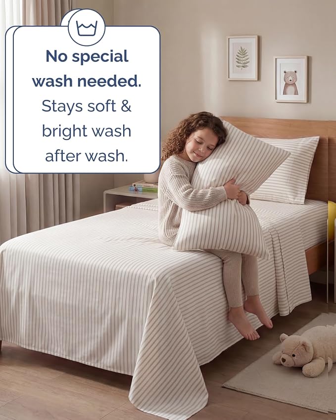 Twin 4 Piece Sheet Set - Comfy Breathable & Cooling - Soft Hotel Luxury Bedding Set with 8-16 Inch Deep Pockets - 1 Flat & 1 Fitted Sheet & 2 Pillowcases - Wrinkle Free & Easy Care - Beige Stripes 2