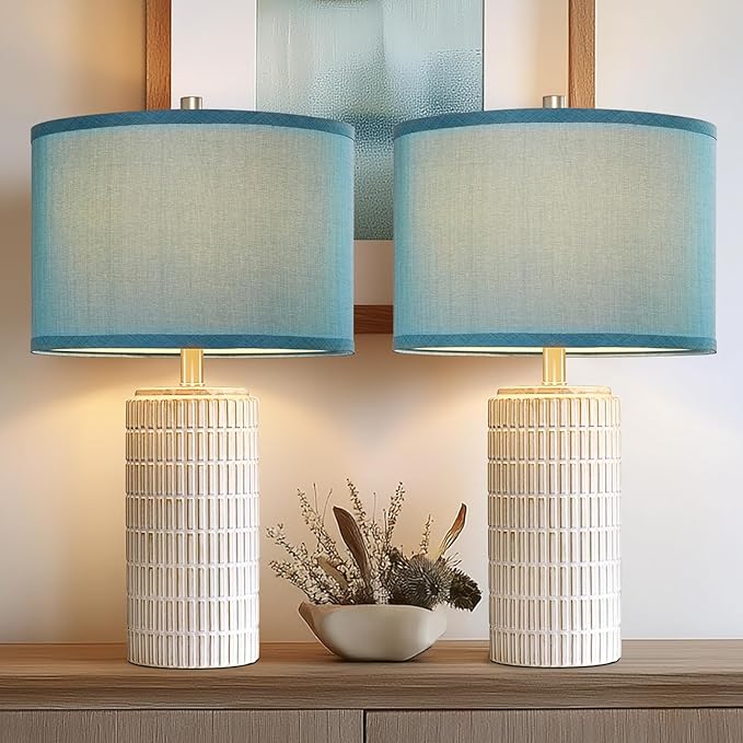 AIEAMPDO 23" Modern Ceramic Nightstand Table Lamps Set of 2, Nautical Lamps for Bedroom Bedside, Side Table Lamps for Living Room, Dining Room, Office, 2 LED Bulbs Included (Blue)