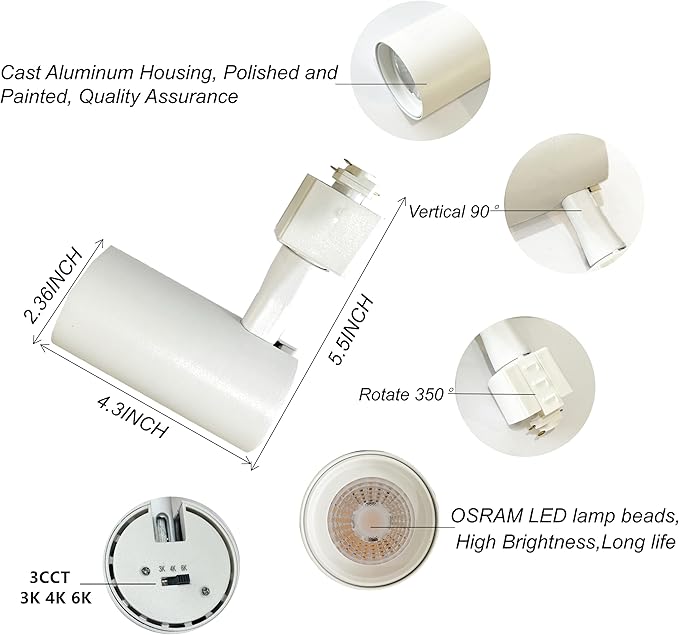 3 Colour LED Track Lighting Heads 6 Pack 12W Dimmable Compatible with Single Circuit H Type Rail Ceiling Spotlight for Accent Task Wall Art Exhibition Lighting 90 CRI 24° White