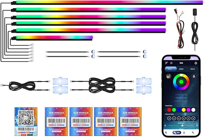 Dreamcolor Acrylic Car Ambient Lighting Kit 14 in 1 LED Interior Car Strip Lights APP Control Zoned Control System 252 Color Modes DIY Neon Wireless Sound Activated RGB Neon Light Kits New Version