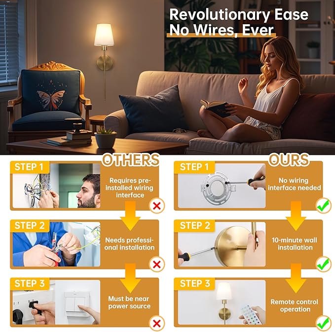 Shenmoyl Fabric Wall Sconce Battery Operated Set of 2, Rechargeable Wall Lights with 5000mAh RGB Dimmable Bulb, 12 Colors Wall Sconces for Bedroom Living Room, Gold
