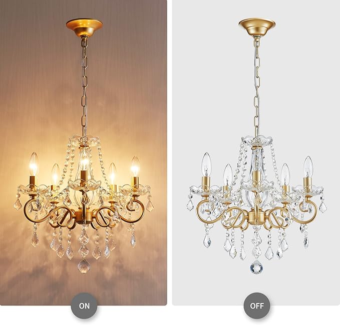 ANJIADENGSHI Mini Crystal Chandelier K9 Crystal Gold Chandelier for Living Room Bedroom Dining Room Kitchen Island Entryway 5 E12 Bulbs High 16.5 in x Diameter 16.9 in, Golden