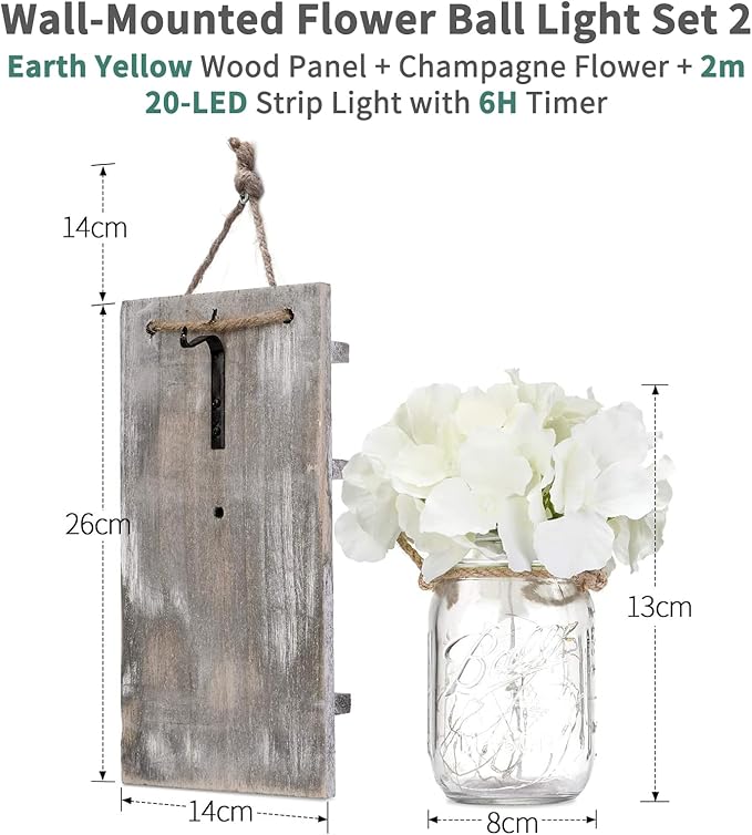 Anount Mason Jar Sconces,Besuerte Rustic Wall Decor Set of Two,LED String Lights for Modern Living Room, Home Decor Living Room Wall Art, 6 Hour Timer Set of 2 Grey (11" H x 4.3" W)