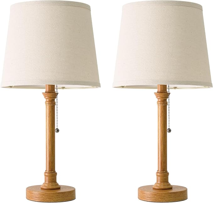 Oneach 19.5" Small Table Lamps Set of 2, Pull Chain Switch Bedside Metal Table Lamps, Modern Nightstand Lamp with Linen Shade, Rustic Lamp for Living Room, Bedroom, Home Office, Nursery