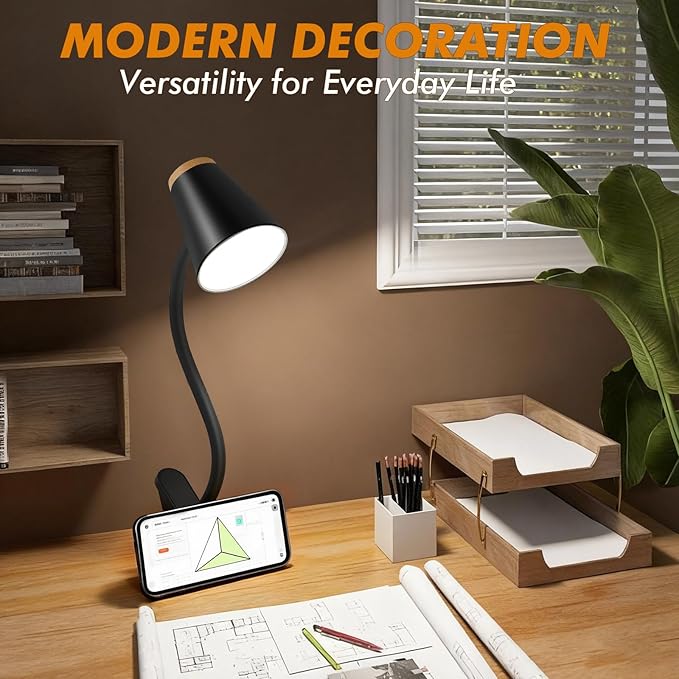 EJIAXIN Clip on Desk Lamp for Home Office - Small LED Touch Dimmable Reading Light for College Dorm Room - Adjustable Flexible Gooseneck Clamp Light Table Lamp for Bedside Bedroom Bed Headboard Black
