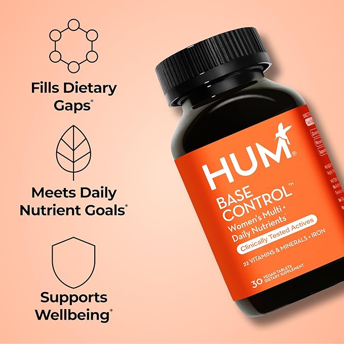 HUM ベースコントロール マルチビタミン（女性用）：ビタミンC、鉄、ビオチン、亜鉛、Bコンプレックス配合、女性向けデイリーマルチビタミン、22種類の必須ビタミンとミネラル配合、更年期前サポート、グルテンフリー、30カプセル