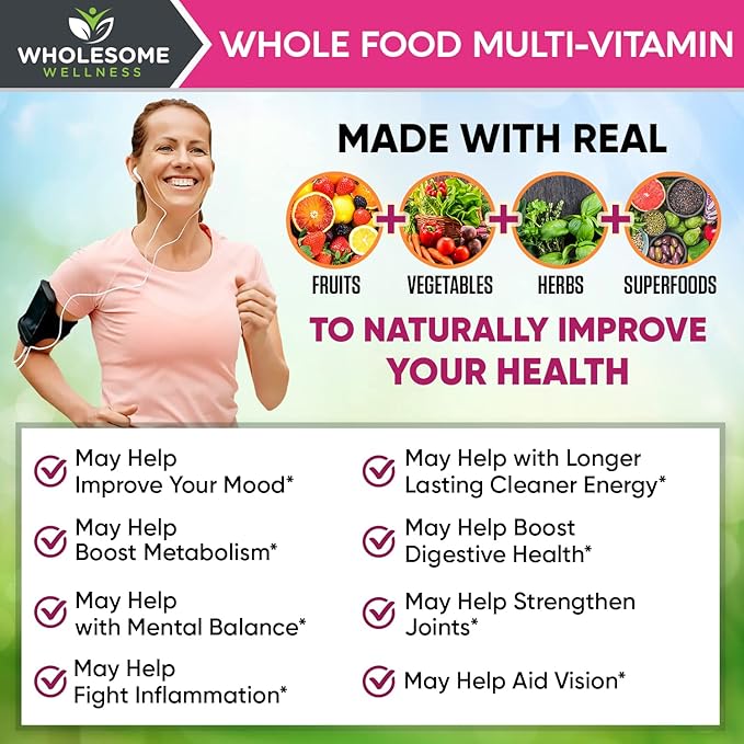 Multivitamine aliments complets Wholesome Wellness pour femmes – Multi-vitamines, minéraux, extraits biologiques naturels – 120 comprimés
