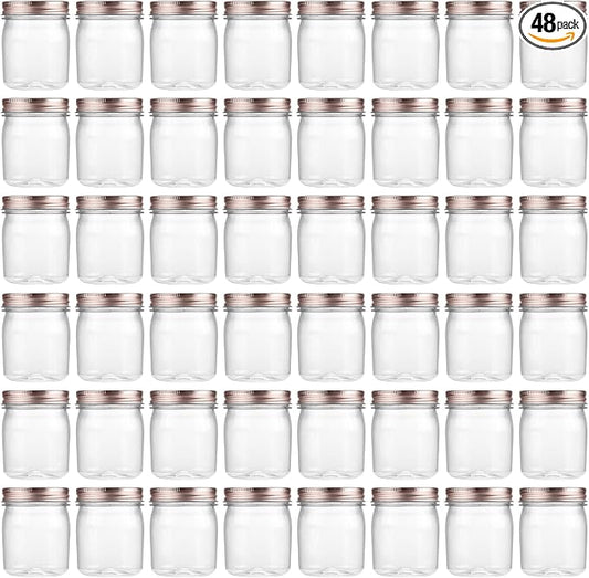 novelinks 8 oz Clear Plastic Jars with Airtight Lids, 48 Pack Plastic Mason Jars with Lids 8oz, Refillable Storage Slime Containers & Small Spice Jar for Kitchen Organization (48 Pack,Rose Gold)