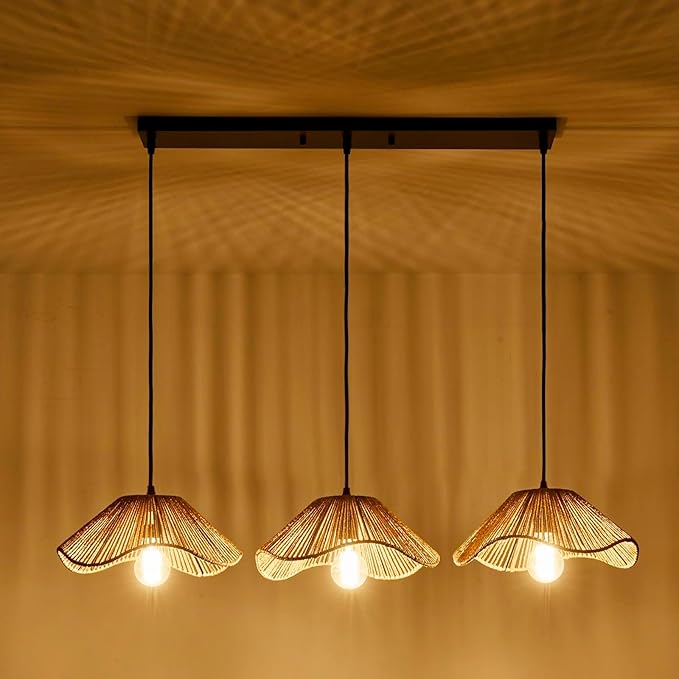 Bobo 3 Light Pendant Light, Hard Wired Hanging Chandelier with 12” Flower Paper Rope Rattern Shade,Suspended Lighting Fixture for for Kitchen Island Dining Bedroom Living Room Restaurants