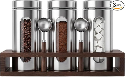 Suclain Stainless Steel Coffee Grounds Canisters with Shelf 3 x 50oz Sugar Coffee Bean Storage Container Airtight Threaded Lid Glass Window Scoop Kitchen Jar Set(Upgrade Style, 15.35 x 5 x 2.76'')