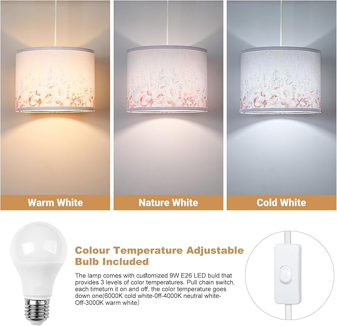 Qingmiao Boho Plug in Pendant Light, Hanging Lamp Plug in with LED Bulb, 3-Way Dimmable Hanging Light Fixture for Living Room Bedroom Kitchen Ceiling Farmhouse Home Decor