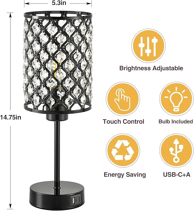 GyroVu Crystal Table Lamp, Black Lamp for Bedroom Nightstand with USB C+A Ports, Dimmable Touch Lamp with Crystal Shade, Bedside Lamp Small Lamp for Bedroom, Living Room, Office (Bulb Included)