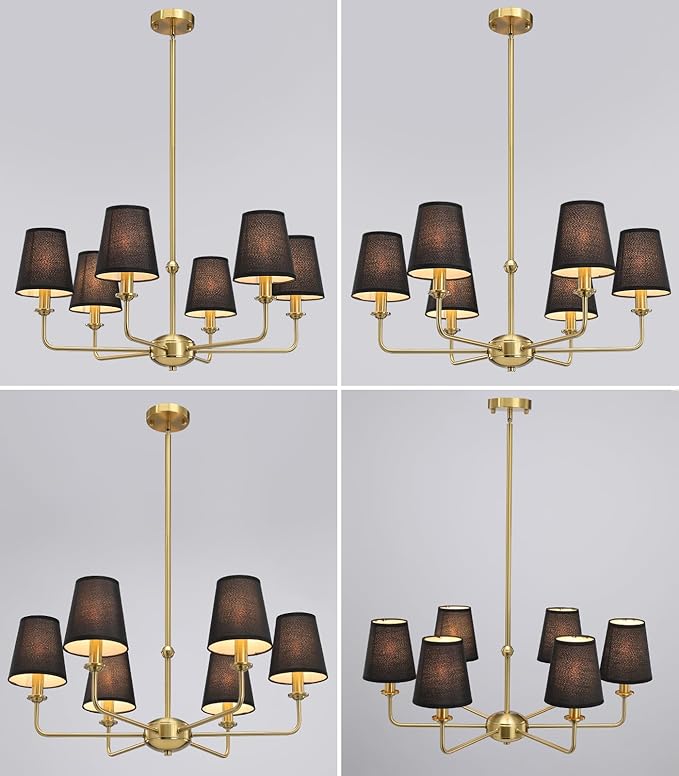 6-Light Brushed Gold Chandelier with Black Fabric Shades, Modern Brushed Brass Chandelier Light Fixture, E12 Base Hanging Pendant Light for Dining Room Living Room Bedroom Kitchen Island Foyer
