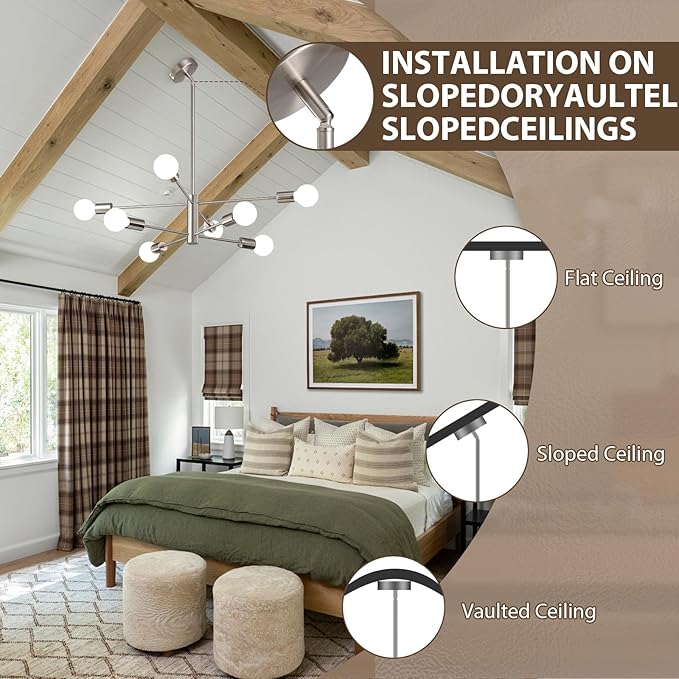 KAISITE Modern Chandelier Ceiling Light Fixture Brushed Nickel Sputnik Chandeliers for Bedroom Living Room 8-Light Height Adjustable Dining Room Farmhouse Chandelier Over Table Hanging Kitchen Light