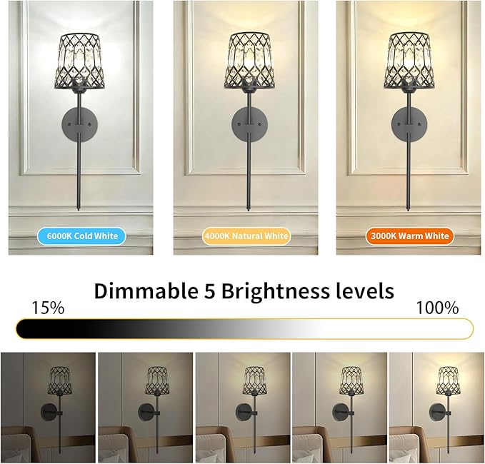 Black Battery Operated Wall Sconces Set of 2, Crystal Rechargeable Wireless Wall Sconce Lights for Home Decor, Dimmable 12 RGB and 3CCT Wall Lamps with Remote for Living Room Bedroom Hallway