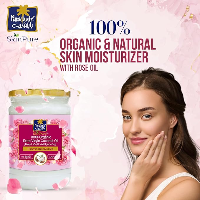 "Huile de Coco Vierge Extra 100% Biologique Parachute Advansed SkinPure à l'Huile de Rose | Hydratant Visage et Corps | Pour une Peau Douce, Lisse et Rajeunie | Stimule le Collagène | Pressée à Froid | 200 ml | Pot en Verre"