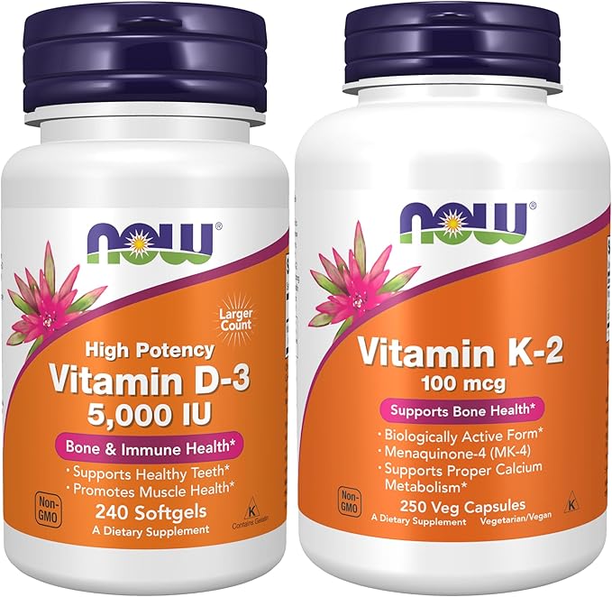 NOW Foods サプリメント ビタミンD-3 5,000 IU、高効能、構造サポート*、240粒ソフトジェル（Now Supplements、ビタミンK-2 100mcg、メナキノン-4（MK-4）、250粒ベジカプセル入り）