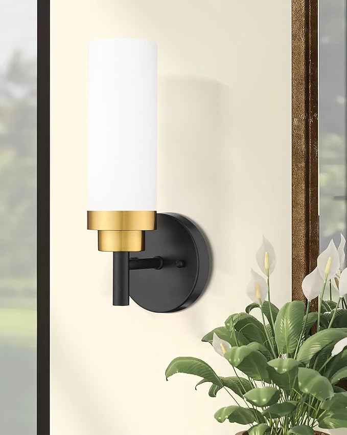 Emak Modern Wall Sconce, Black and Gold Bathroom Light Fixtures with Milk Glass Shade, Sconces Wall Lighting for Bathroom, Bedroom, Living Room, Hallway, WS085-BKBGD-ML
