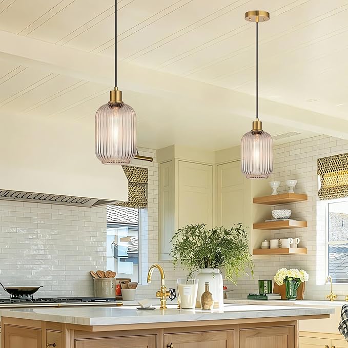 2 Pack 11"-70" Height Adjustable Clear Cylinder Pendant Lights Kitchen Island with Ribbed Lampshade, Brushed Gold Hanging Light Fixture, Pendant Lighting for Kitchen Island (Bulbs Not Included)