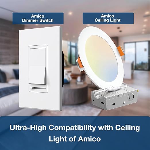 Amico 6 Pack Dimmer Light Switch, Single-Pole or 3-Way Slide Dimmer Switches for Led Lights, Suitable for 150W Dimmable LED/CFL and 600W Incandescent/Halogen, Wall Plate Included, ETL Listed, White