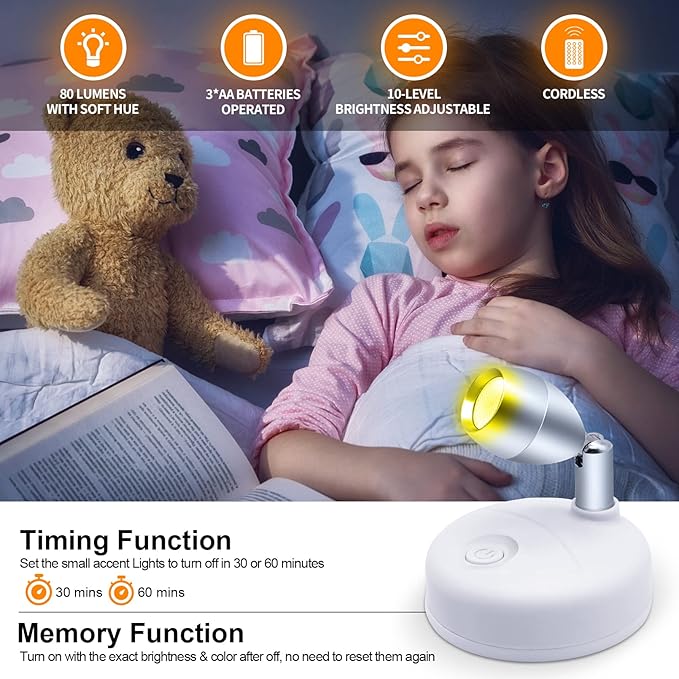 Spot Lights Indoor Battery Operated Uplights with Remote, RGBW 13 Color Wireless LED Spotlights Mini Stick On Wall Accent Lights Rotatable Head with Dimmer & Timer for Artwork Painting Closet