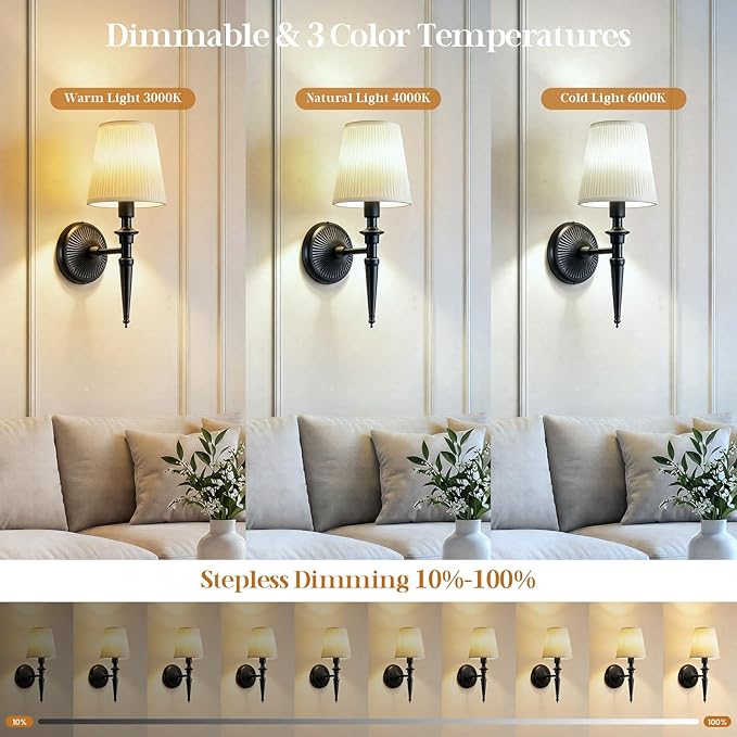 Battery Operated Wall Sconces Set of 2, Wireless Rechargeable Wall Lights with 12 RGB Colors and 3CCT Dimmable, Small Fabric LED Wall Lamps for Bedroom, Living Room, Hallway, Black