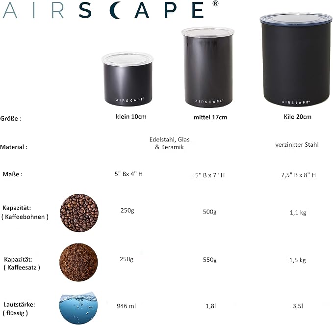 AirScape Planetary Design Kilo Coffee Storage Canister - US Patented Inner Plunger Lid Removes Excess Oxygen - DON'T buy airtight, BUY AIR-LESS - Holds 2.2 lbs Coffee Beans - (Matte White)