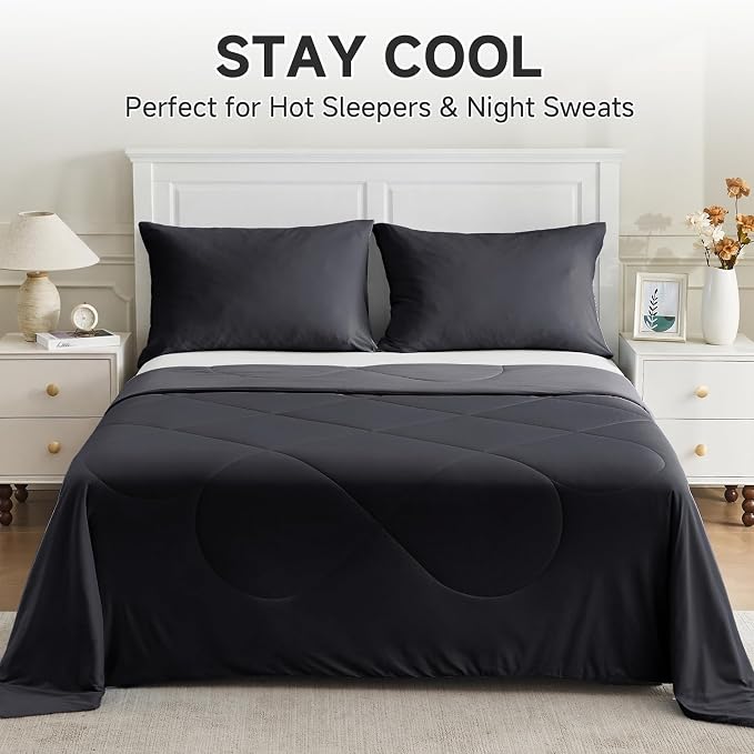 HOMFINE Cooling Comforter Twin Size, Black Summer Cooling Blanket for Hot Sleepers and Night Sweats, Japanese Double-Sided Cold Tech Fabric Q-Max 0.45, Soft Breathable Silky Smooth Lightweight