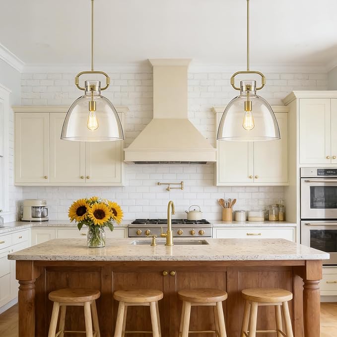 14’’ Large Glass Pendant Lights Kitchen Island, 1-Light Modern Gold Kitchen Island Lighting, Adjustable Antique Brass Hanging Pendant Light Fixture for Dining Room Bedroom Hallway E26