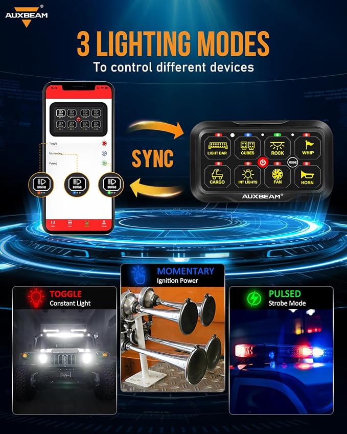 Auxbeam RGB Bluetooth 8 Gang Switch Panel AR-820 Toggle Momentary Pulsed Switch Pod for Truck UTV Offroad Boat Auxiliary LED Light Controller with Circuit Relay System Box Waterproof, 3-Year Warranty
