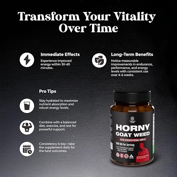 Natures Craft Horny Goat Weed for Men - Extra Strength Male Supplement with Black Maca Root, Tongkat Ali, Saw Palmetto & Panax Ginseng Extract for Stamina & Energy - 90 Count