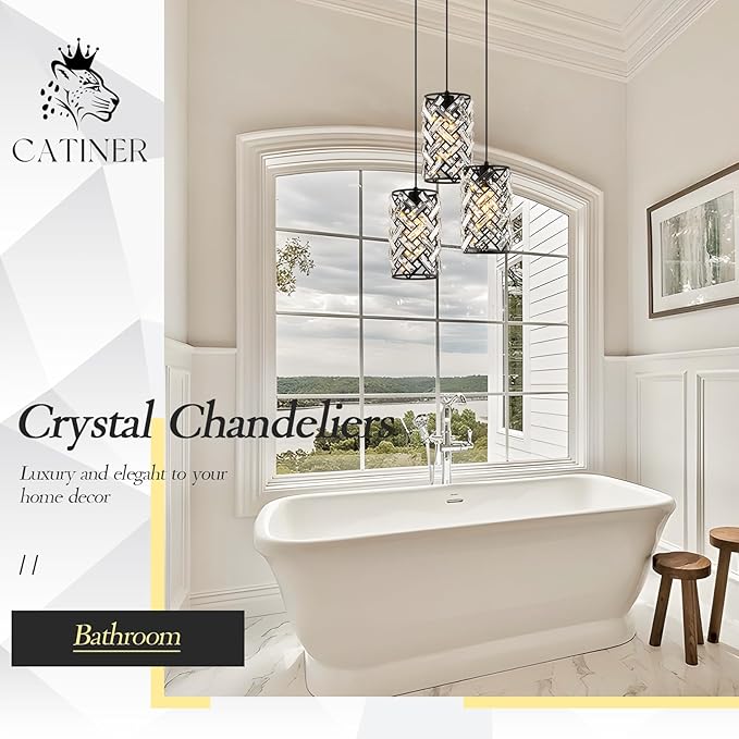 CATINER 3 Lights Crystal Pendant Light Modern Black Mini Chandelier, Adjustable Cluster Pendant Light Fixture for Kitchen Island Dinning Room Bedroom Hallway Porch
