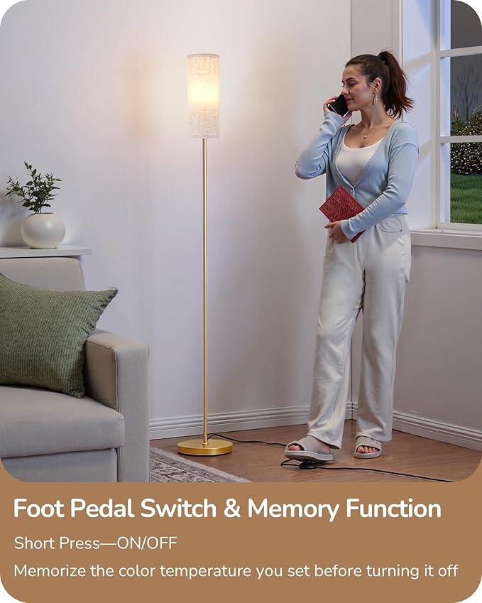 EDISHINE Floor Lamps for Living Room, 63.7in Minimalist Standing Lamp with Foot Pedal Switch, Modern Floor Lamp for Bedroom, Office, Nursery, 3 Color Temperature, 9W Bulb Included, Gold