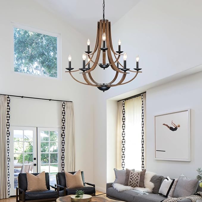 LAMPKEDUO Farmhouse Chandeliers for Dining Room Light Fixture, 2 Tier 9-Light 31" Black with Faux Wood Texture Rustic Adjustable Height Chandelier for Living Room Bedroom Foyer Entryway