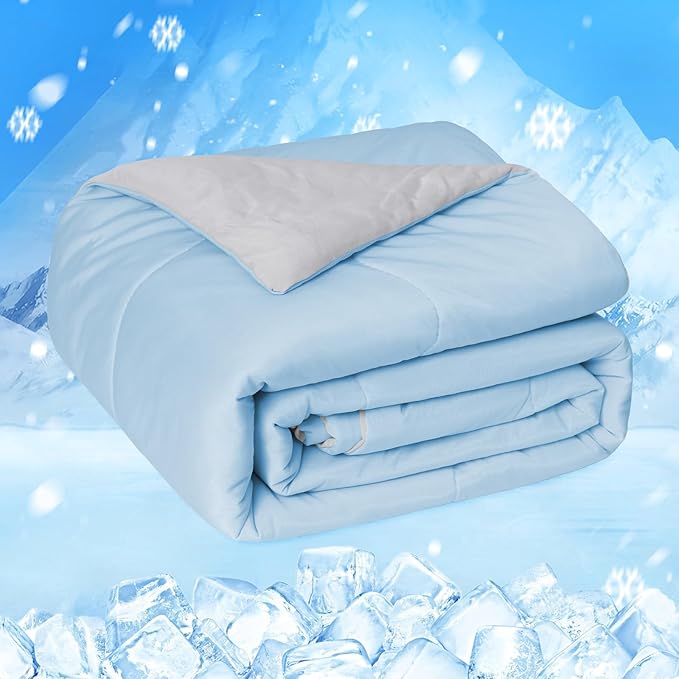 HOMFINE Cooling Comforter Japanese Double-Sided Arc-Chill Cold Tech Fabric Cooling Blanket for Night Sweats Hot Sleepers, Q-Max 0.45 Soft Breathable Silk Smooth Lightweight Blue Summer Comforter King