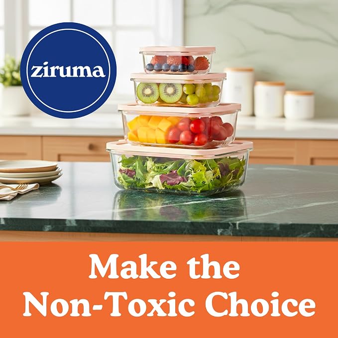Ziruma Non-Toxic Glass Food Containers with Lids, 4-Pack, 35 oz, Beige | Plastic & BPA free. Glass body, glass lid & platinum silicone seal. Airtight & leakproof. Freezer & microwave safe.