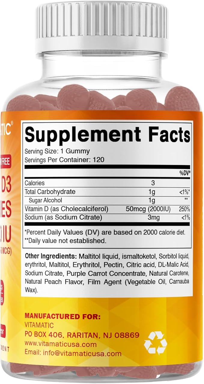 Vitamatic シュガーフリー ビタミンD3 2000 IU - 120 ペクチンベースグミ - 美味しい - 健康な骨、気分、免疫システム機能 - 非遺伝子組み換え - 120回分