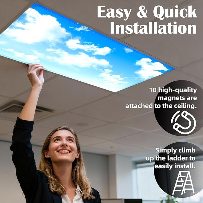 ANGSYLTH 8 Pcs Fluorescent Light Covers - 4 x 2 Feet Covers for Ceiling Lights, 8 x 10 Magnetic Light Filters for Classroom, Office, Hospitals (Blue Skies & White Clouds)