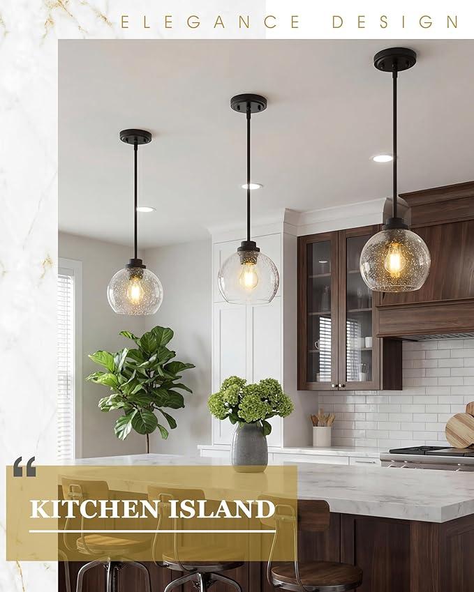 2-Pack Pendant Lights Kitchen Island, 7" Modern Black Hanging Lights Fixtures with Clear Seeded Glass Globe Shade, Kitchen Island Lighting for Bathroom, AD-22280-1P2-BK-S