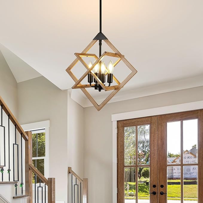 Modern Chandelier for Dining Room (18",4-Light), No Assembly Required Wood Grain Dining Room Light Fixture Over Table, Industrial Hanging Pendant Lights Fixture for Kitchen Island, Entryway, Foyer