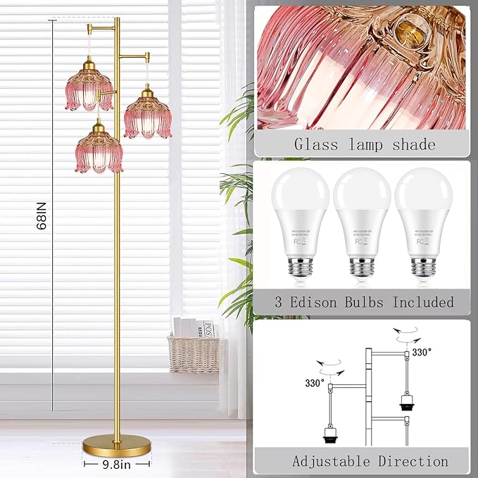 QIYIZM Pink Floor Lamp for Living Room,Bedroom,Gold Mid Century Modern Standing Lamp Brass Tree 3 Light Tall Floor Lamps Vintage Retro Floor Lights Glass Flower Lamp Shade Girls Kids Boho Bohemian