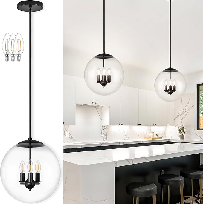 Bagood 14" Globe Pendant Light 3-Light Black Mid Century Pendant Light Clear Glass Lights Kitchen Island Mid Century Adjustable Hanging Farmhouse Globe Fixtures for Living Room Lobby