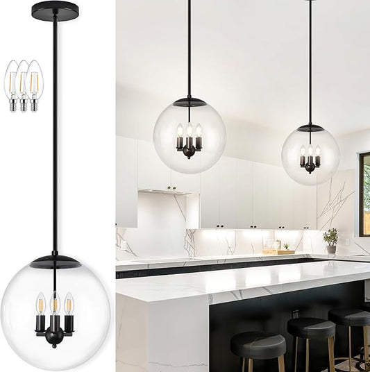 Bagood 14" Globe Pendant Light 3-Light Black Mid Century Pendant Light Clear Glass Lights Kitchen Island Mid Century Adjustable Hanging Farmhouse Globe Fixtures for Living Room Lobby