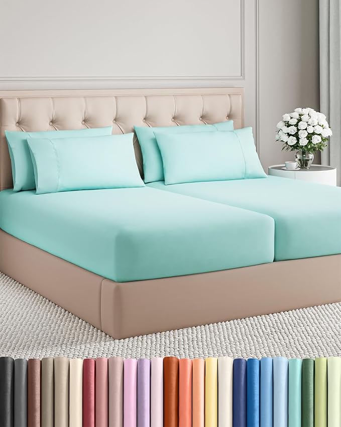 Split King 7 Piece Sheet Set - Comfy Breathable & Cooling - Soft Hotel Luxury Bedding Set with 8-16 Inch Deep Pockets - 1 Flat & 2 Fitted Sheet & 4 Pillowcases - Wrinkle Free & Easy Care - Spa Blue